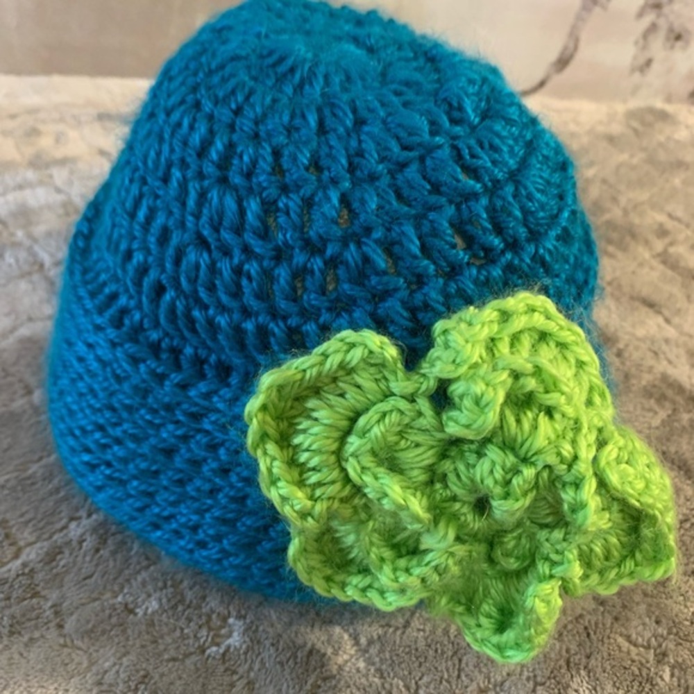 Handmade Crochet Beanie Hat with Flower Accent‎ – Green & Teal Blue